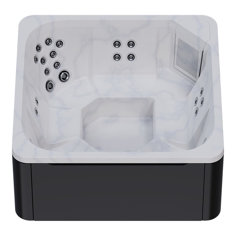 Novitek M-0 Outdoor Whirlpool in Weiß mit schwarzem Sockel, Draufsicht mit Massagedüsen und integriertem Filter
