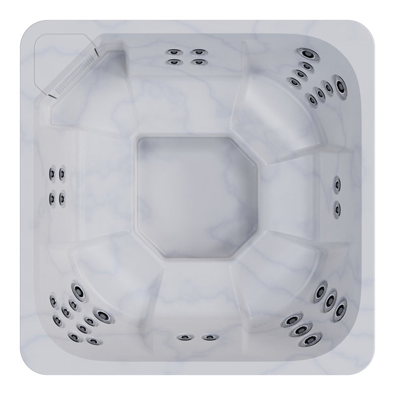 Novitek M-0 Outdoor Whirlpool von oben, weiße Kunststoffwanne mit achteckiger Form, mehrfach angeordnete Massagedüsen an den Seitenwänden, zentrale Sitzfläche, für 7 Personen.