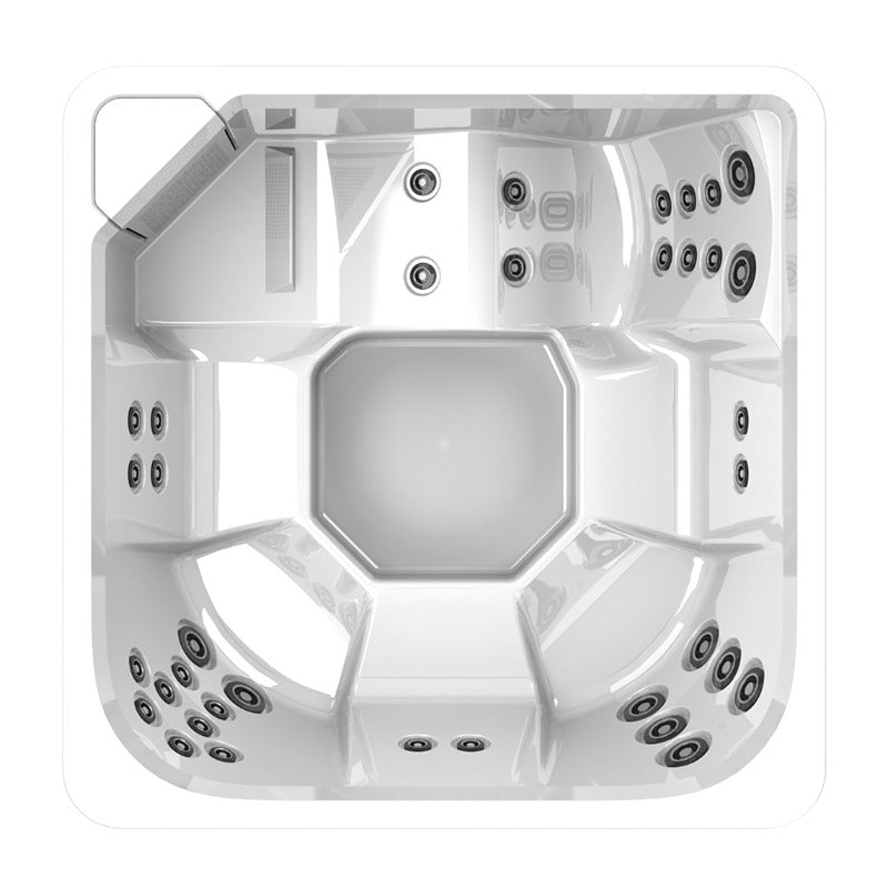 Draufsicht eines weißen Novitek M-1 Whirlpools mit quadratischem Design, zentralem Sitzbreich und mehreren Massage-Düsen an den Seitenwänden