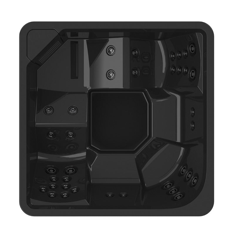 Draufsicht des Novitek M-2 Outdoor Whirlpools mit eckiger schwarzer Form, mehreren integrierten Massagedüsen und Bedienelemente für 5 Personen