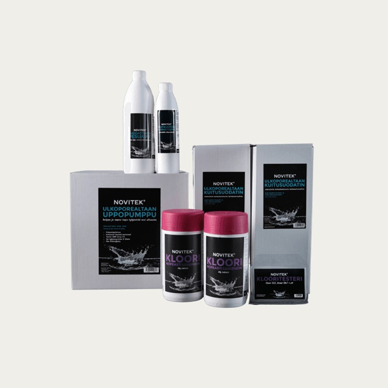 Novitek Zubehörpaket Comfort mit Reinigungsmitteln, Pflegeprodukten und Wartungsartikeln für Whirlpools in Flaschen und Boxen