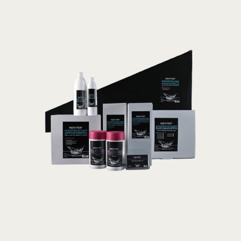 Novitek Wasserpflege-Set Premium mit Flaschen, Sprays und Behältern in schwarzer und grauer Verpackung für Whirlpool-Pflege