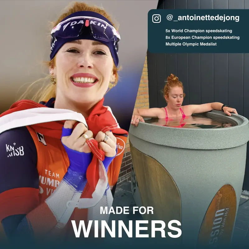 Nutzer sitzt im Eisbad, Kerzen und Holzdeko sorgen für spa-ähnliche Stimmung.🕯️✨