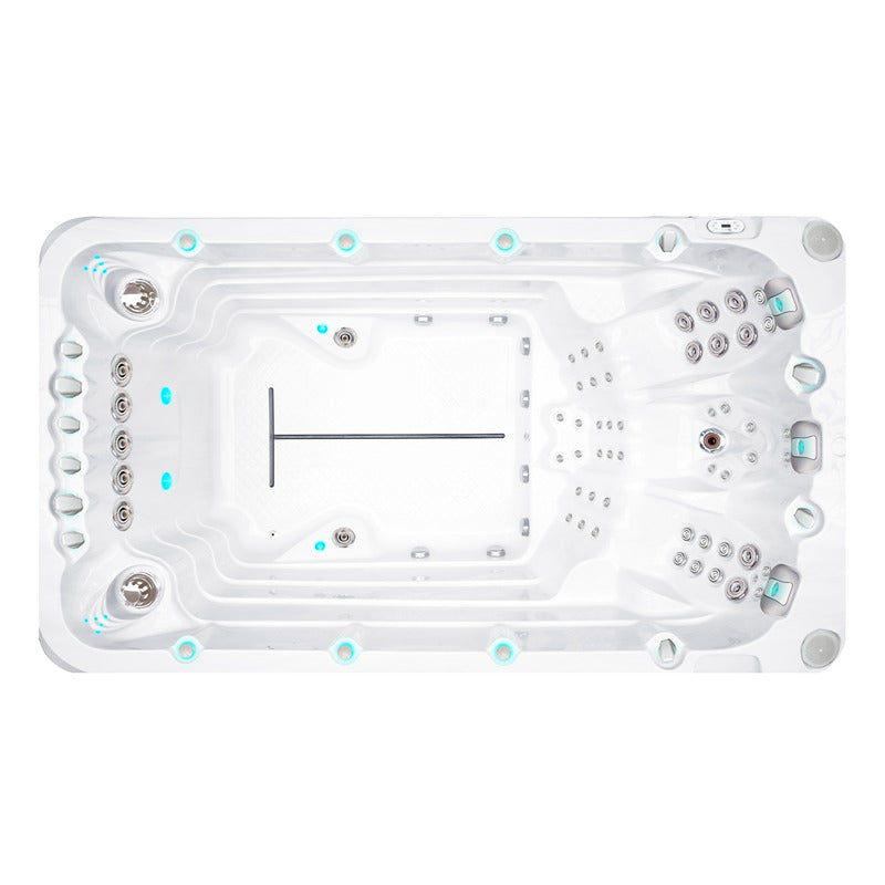 Passion Spas Activity 1 Swim Spa Draufsicht in Sterling White, Schwimmkanal mit Gegenstrom und Massageplätzen