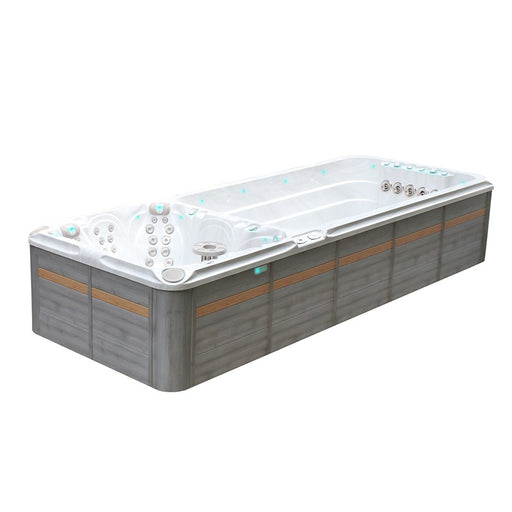 Passion Spas Dynamic Swim Spa Seitenansicht, moderner Outdoor Swim Spa mit Massage- und Trainingsbereich