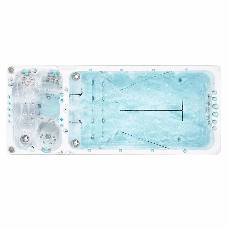 Swim Spa in Draufsicht mit Gegenstromanlage, Massagesitzen und getrenntem Schwimm- und Relaxbereich