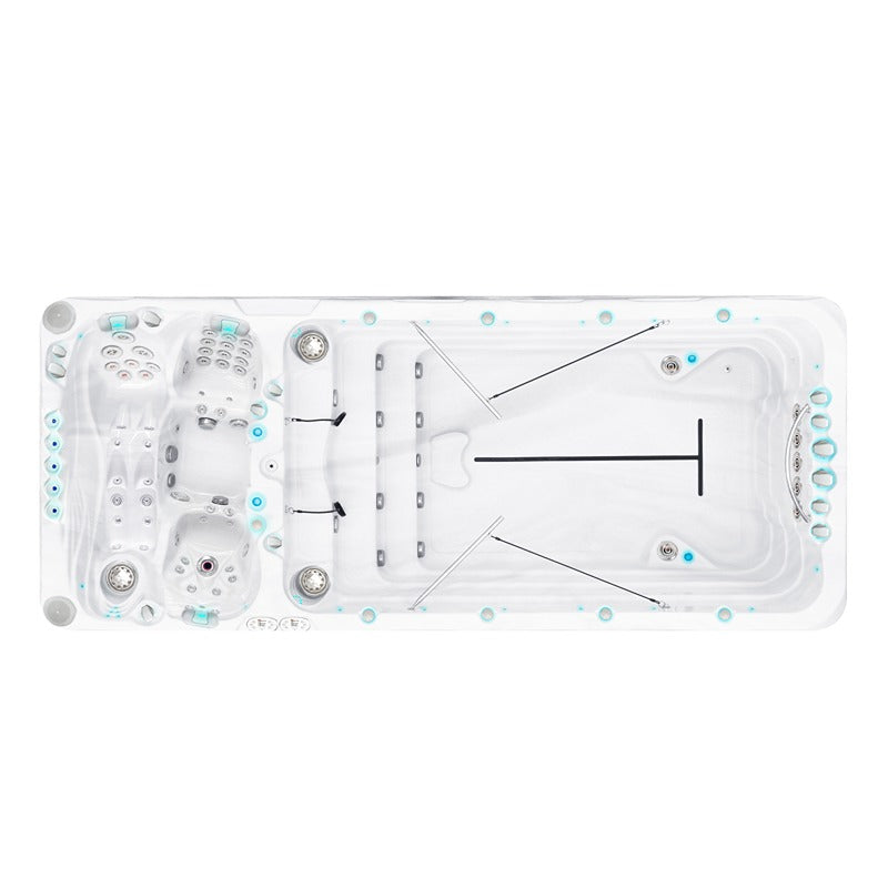 Swim Spa Draufsicht mit Schwimmbereich und integriertem Whirlpool – weißes Modell mit Massagejets und Gegenstromanlage