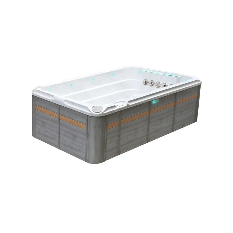 Passion Spas Activity 2 Swim Spa für 3 Personen mit weißem Becken, grauem Holzrahmen und Massagedüsen