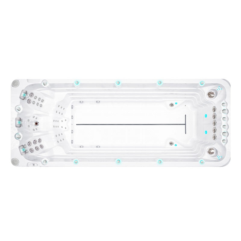 Passion Spas Activity 2 Swim Spa mit klar strukturierter Schwimmzone und Gegenstromanlage – Draufsicht.