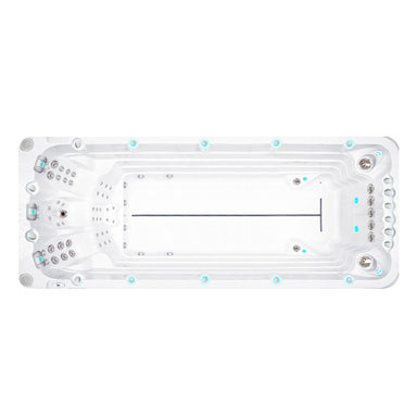 Passion Spas Activity 2 Swim Spa mit klar strukturierter Schwimmzone und Gegenstromanlage – Draufsicht.