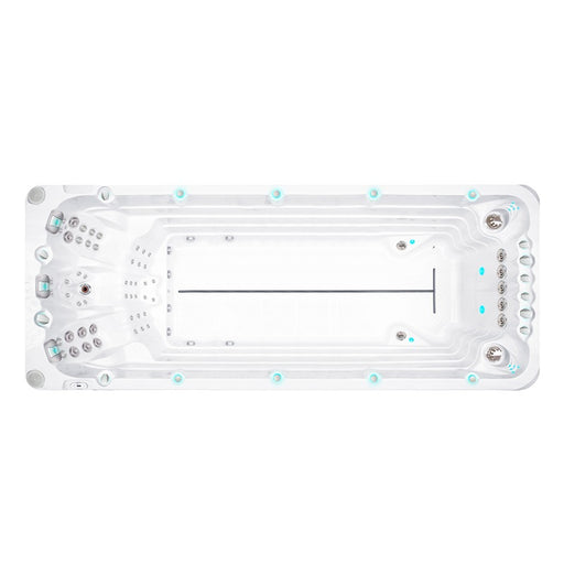 Passion Spas Activity 2 Swim Spa mit klar strukturierter Schwimmzone und Gegenstromanlage – Draufsicht.