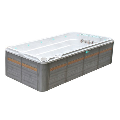 Passion Spas Activity 2 Swim Spa mit Whirlpoolbereich und Gegenstromanlage, modernes Design für Garten oder Indoor-Wellnessräume.