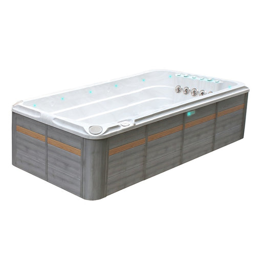 Passion Spas Activity 2 Swim Spa mit Whirlpoolbereich und Gegenstromanlage, modernes Design für Garten oder Indoor-Wellnessräume.