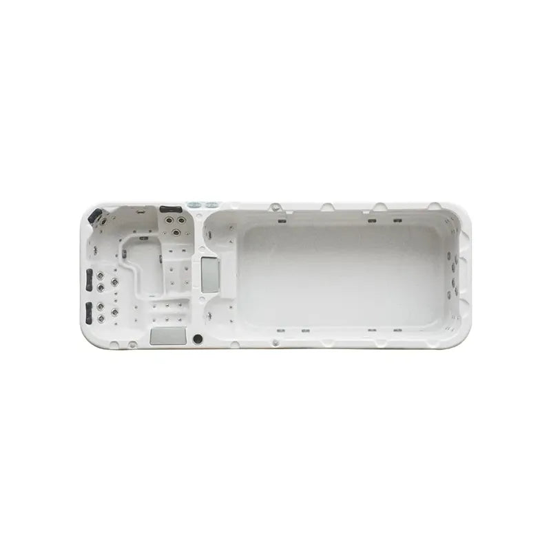 Passion Spas Aquatic 3 Deep Swim Spa für 8 Personen - Draufsicht des weißen Swim Spa Beckens mit Düsen und Steuerungselementen