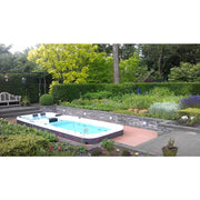 Passion Spas Aquatic 3 Deep Swim Spa für 8 Personen im Garten mit Holzterrasse und Gartenumgebung