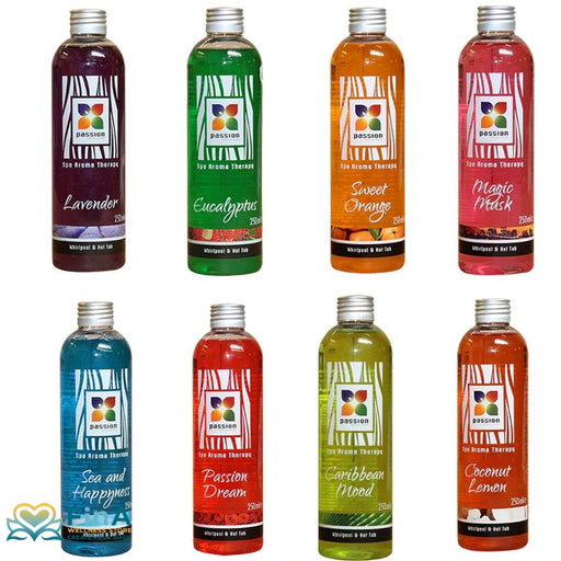 Acht verschiedene 250 ml Flaschen Passion Spas Spa Aromatherapie – Düfte: Lavender, Eucalyptus, Sweet Orange, Magic Musk, Sea and Happiness, Passion Dream, Caribbean Mood und Coconut Lemon – für Whirlpool und Hot Tub, alkoholfrei und rückstandsfrei.
