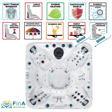 Passion Spas Joy Whirlpool – Draufsicht mit 7 Sitzplätzen und 88 Düsen, Soft Tissue Massage, Aqua Rolling Massage, Hybrid Heating, Synergy Wasseraufbereitung, LED-Beleuchtung und weiteren Funktionen wie EasyClean Shield, Skimmer Bar und optionaler Family Entertainment Station – Bild mit grafischen Funktionssymbolen aus der Signature Collection.