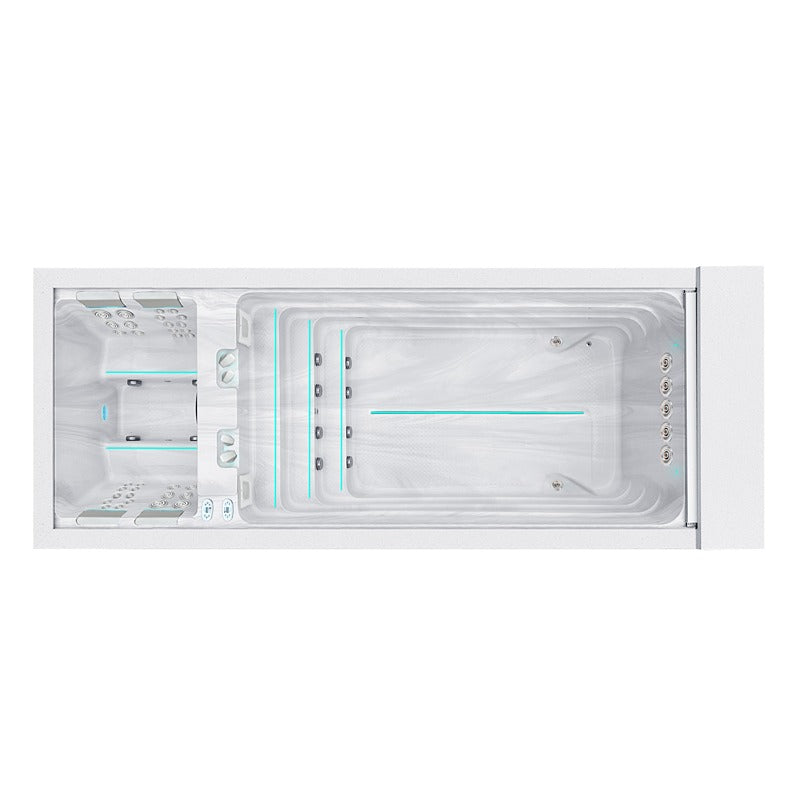 Draufsicht auf den Passion Spas Balance Swim Spa mit Schwimmbereich und Massagezonen