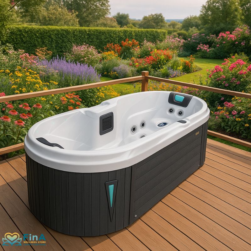 Passion Spas Bliss Hot tub for two Persons on wooden terrace overlooking lush, flowering garden - modern spa design with LED lighting in natural surroundings