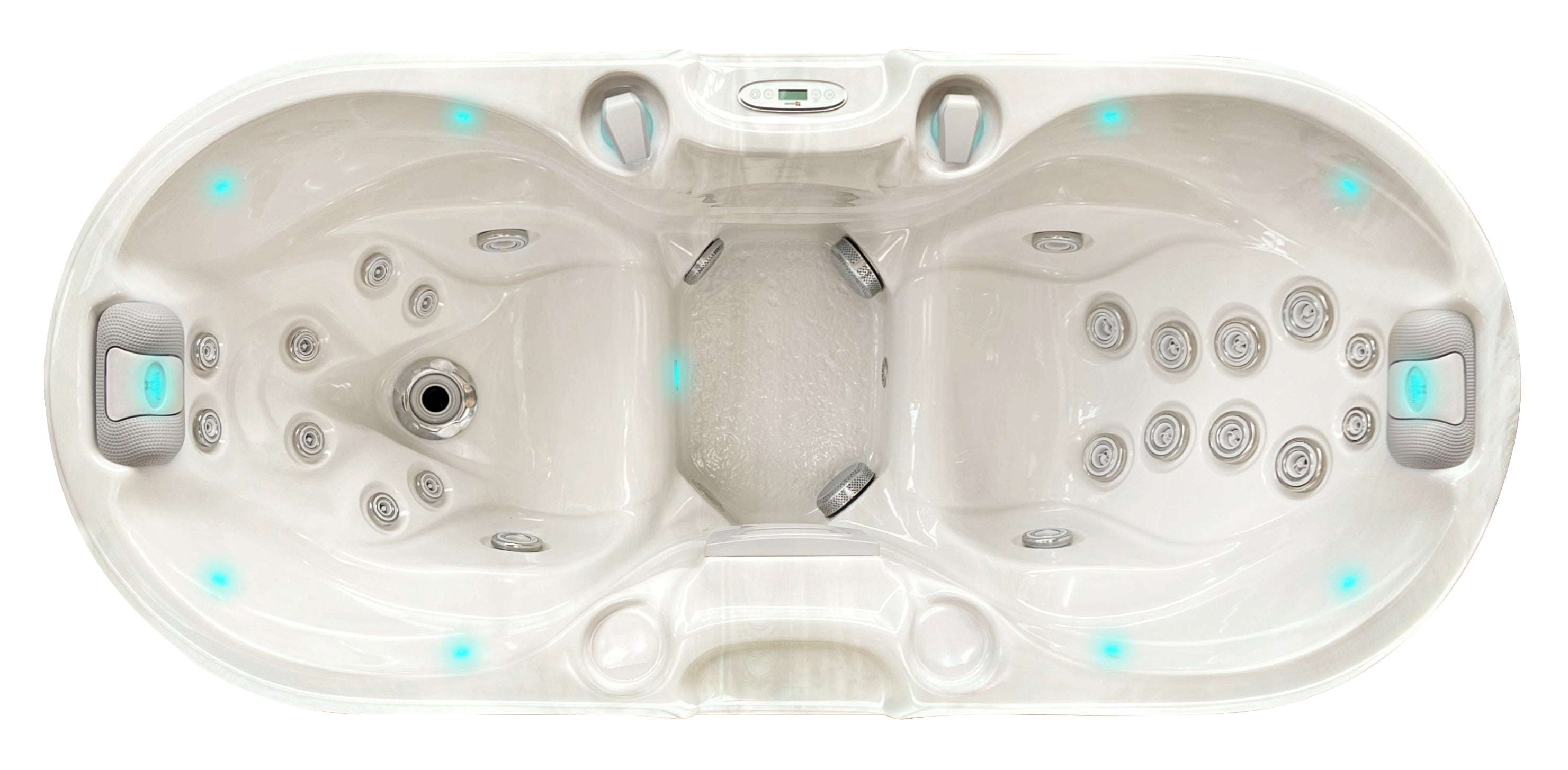 Draufsicht auf den Passion Spas Bliss Whirlpool mit zwei Liegeplätzen und Massagejets