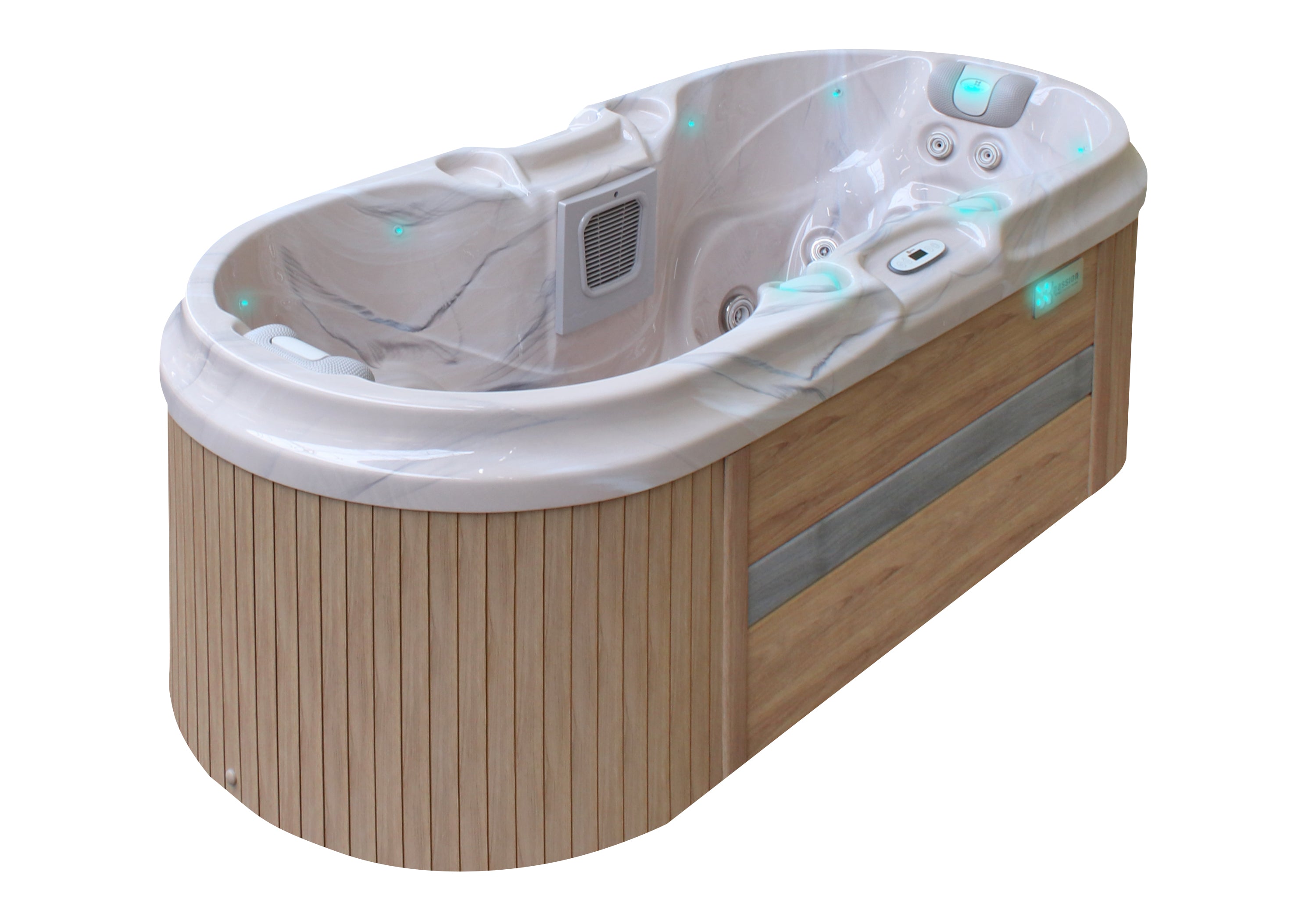 Passion Spas Bliss Whirlpool mit Holzverkleidung und integrierter LED-Beleuchtung