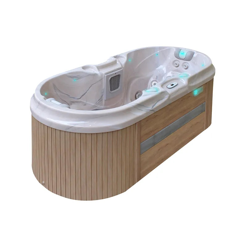 Kompakter Whirlpool Passion Spas Bliss für 2 Personen mit weißer Innenschale, Holzverkleidung, Düsensystem und LED-Beleuchtung in Türkis