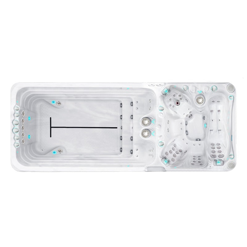 Innenansicht des Passion Spas Dynamic Swim Spas mit separatem Schwimmbereich und Massagezonen