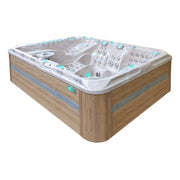 Whirlpool Passion Spas Ecstatic Mighty Wave mit Holzumrandung, weißem Becken, Massagedüsen und türkisen Bedienelelementen von oben fotografiert