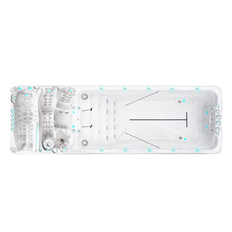 Draufsicht auf den Passion Spas Energy Swim Spa mit separater Schwimmzone, Gegenstromanlage und ergonomischen Massagesitzen