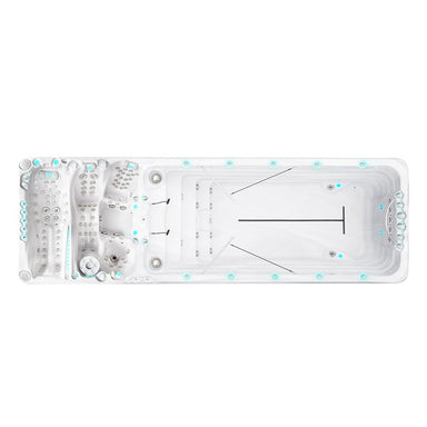 Draufsicht auf den Passion Spas Energy Swim Spa mit separater Schwimmzone, Gegenstromanlage und ergonomischen Massagesitzen