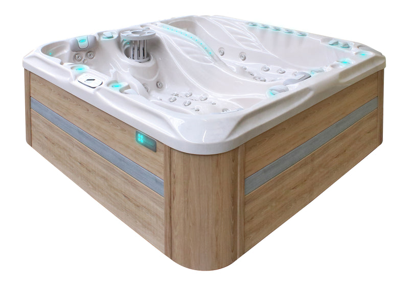 Passion Spas Euphoria Whirlpool freigestellte 3D-Ansicht mit komfortablen Massagesitzen und Außenverkleidung in Holzoptik