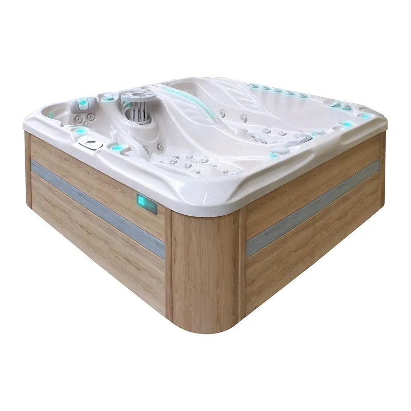 Passion Spas Euphoria Mighty Wave Spa mit weißem Innenbecken, Holzverkleidung in Natur und türkisen Akzenten, Kontrollpanel und Massagedüsen für 4 Personen