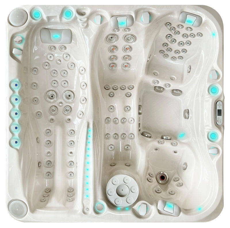 Top View auf den Passion Spas Euphoria Whirlpool mit mehreren Sitz- und Liegeplätzen sowie gezielt angeordneten Massagedüsen