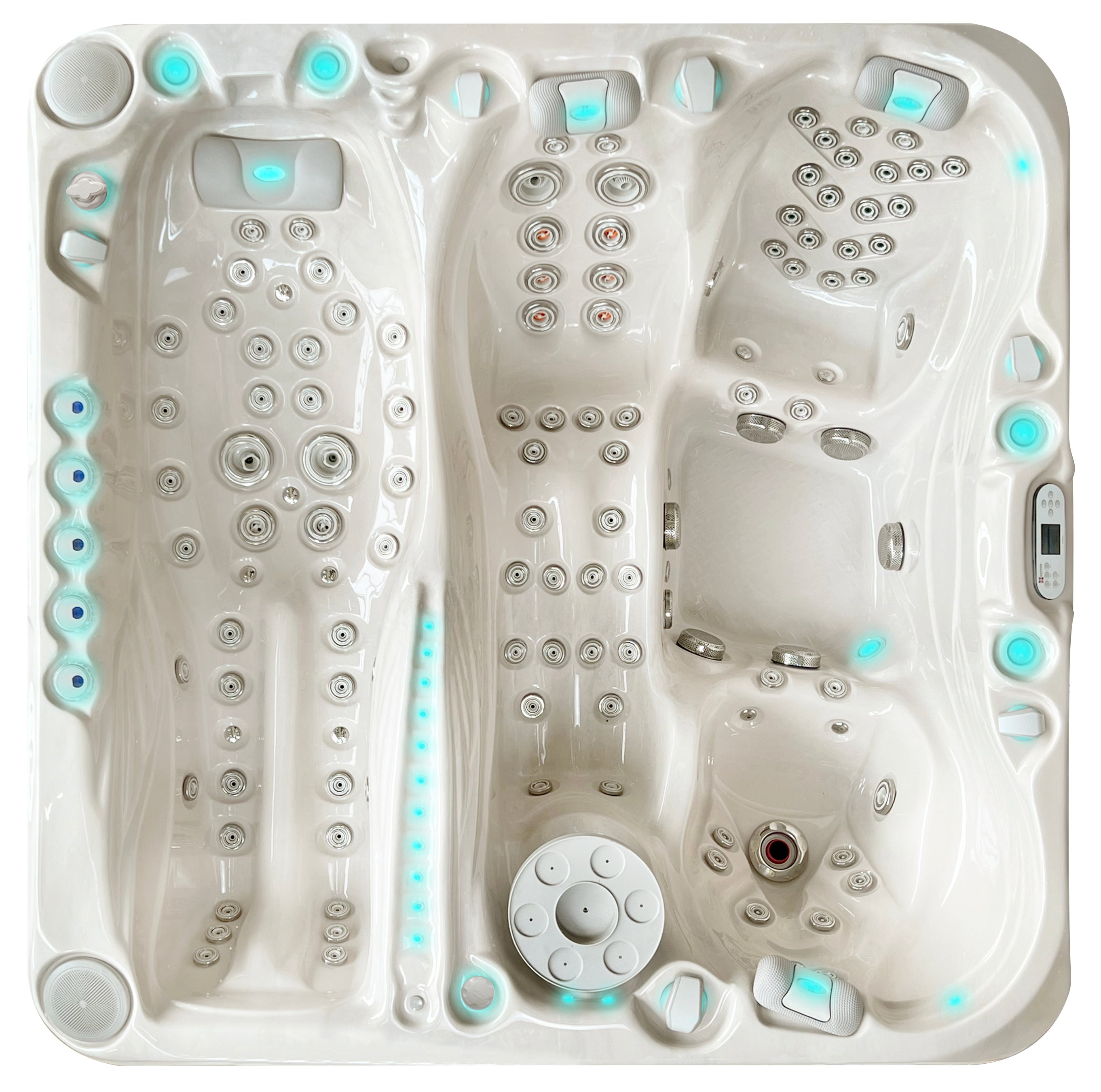 Top View auf den Passion Spas Euphoria Whirlpool mit mehreren Sitz- und Liegeplätzen sowie gezielt angeordneten Massagedüsen