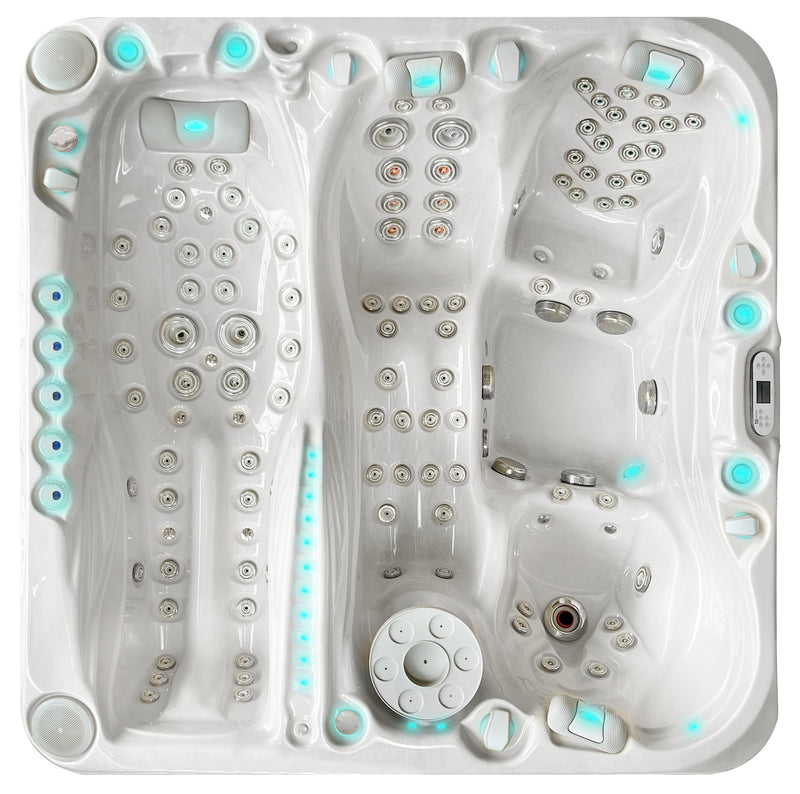 Draufsicht auf den Passion Spas Euphoria Whirlpool mit mehreren ergonomischen Massagesitzen und umfangreicher Hydromassage