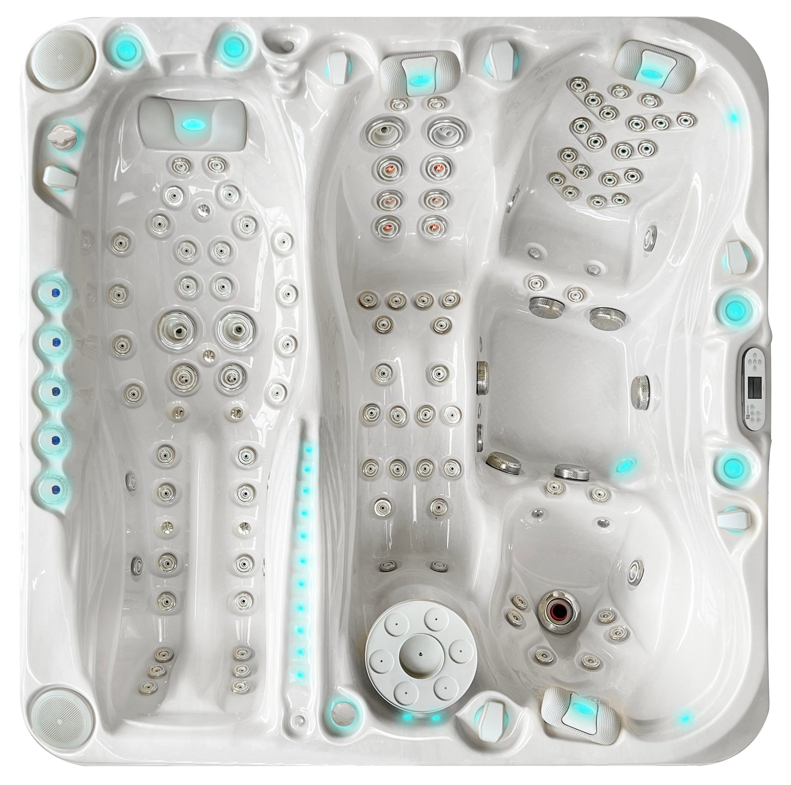 Draufsicht auf den Passion Spas Euphoria Whirlpool mit mehreren ergonomischen Massagesitzen und umfangreicher Hydromassage