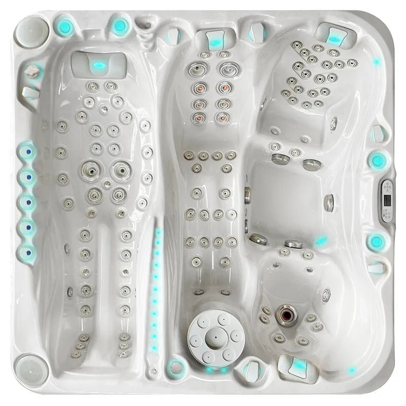 Draufsicht auf den Passion Spas Euphoria Whirlpool mit mehreren ergonomischen Massagesitzen und umfangreicher Hydromassage