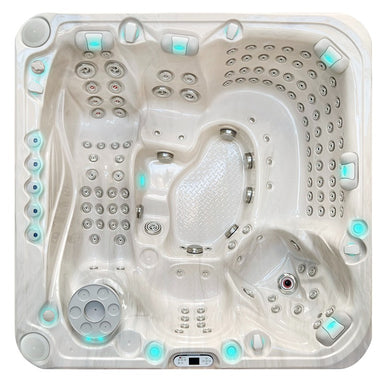 Innenansicht des Passion Spas Exhilarate Whirlpools mit Jetdüsen, Kopfstützen und LED-Beleuchtung in brauner Ausführung