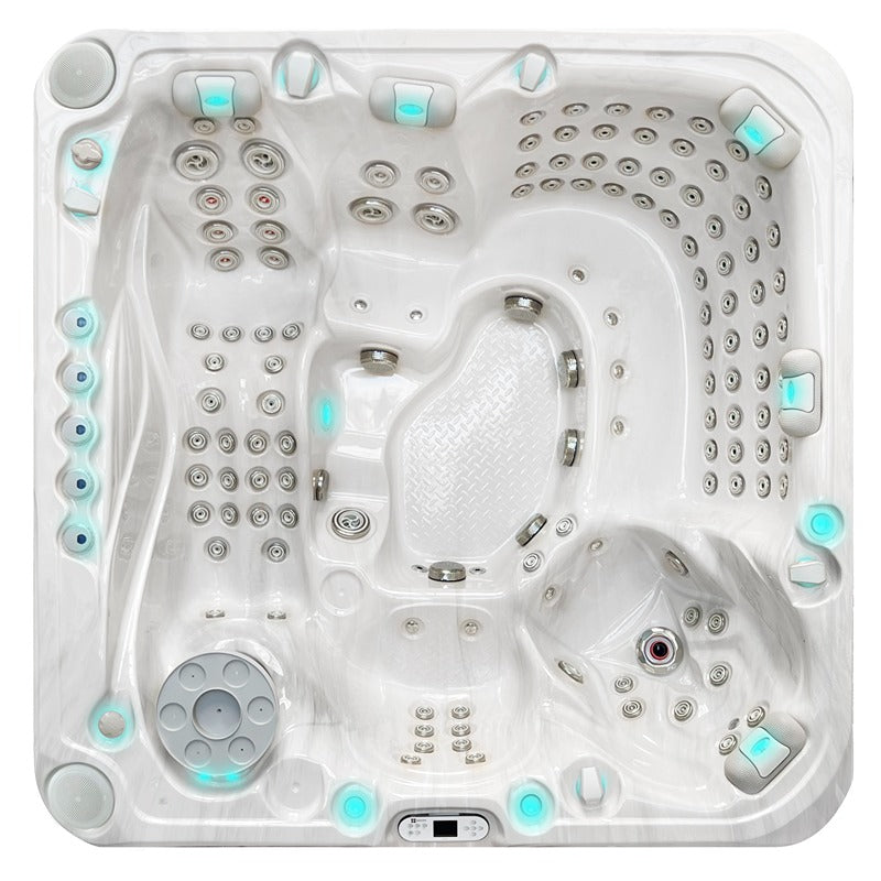 Obere Draufsicht des Passion Spas Exhilarate Whirlpools mit Massagedüsen und Komfortsitzen in grauer Ausführung