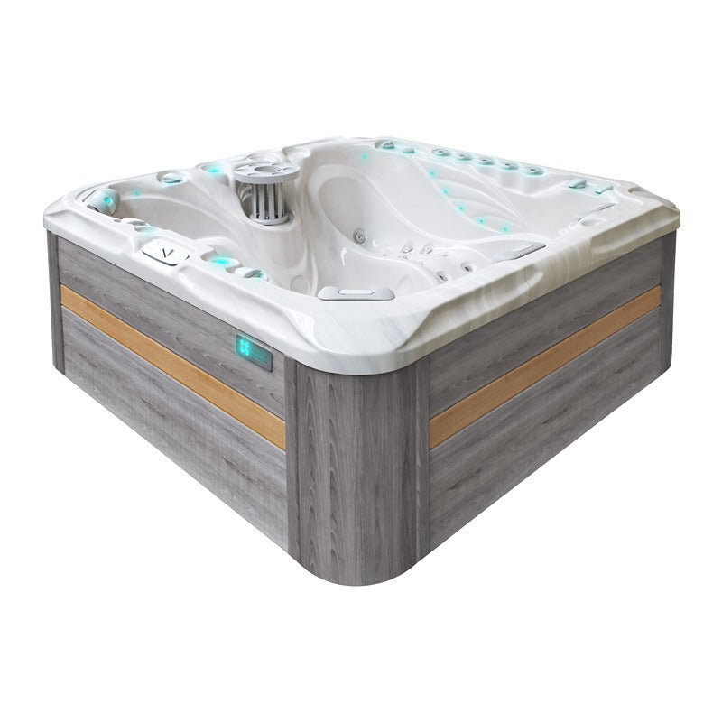 Passion Spas Felicity Whirlpool mit grauer Holzverkleidung und stilvoller Acrylwanne für entspannende Spa-Momente