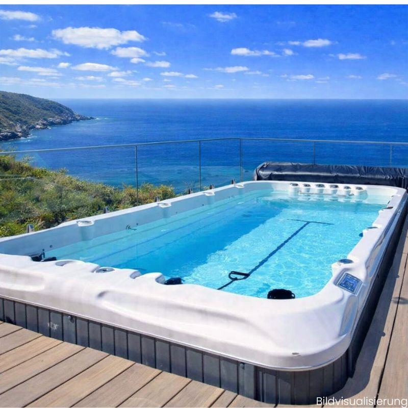 Passion Spas Fitness 1 Swim-Spa im Außenbereich mit glasklarem Wasser, Trainingsausstattung und großzügigem Schwimmbereich mit Meer Aussicht