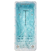 Swim Spa Draufsicht mit Wasser und aktiver Gegenstromanlage – Schwimmbereich mit Trainingslinie und Massagejets