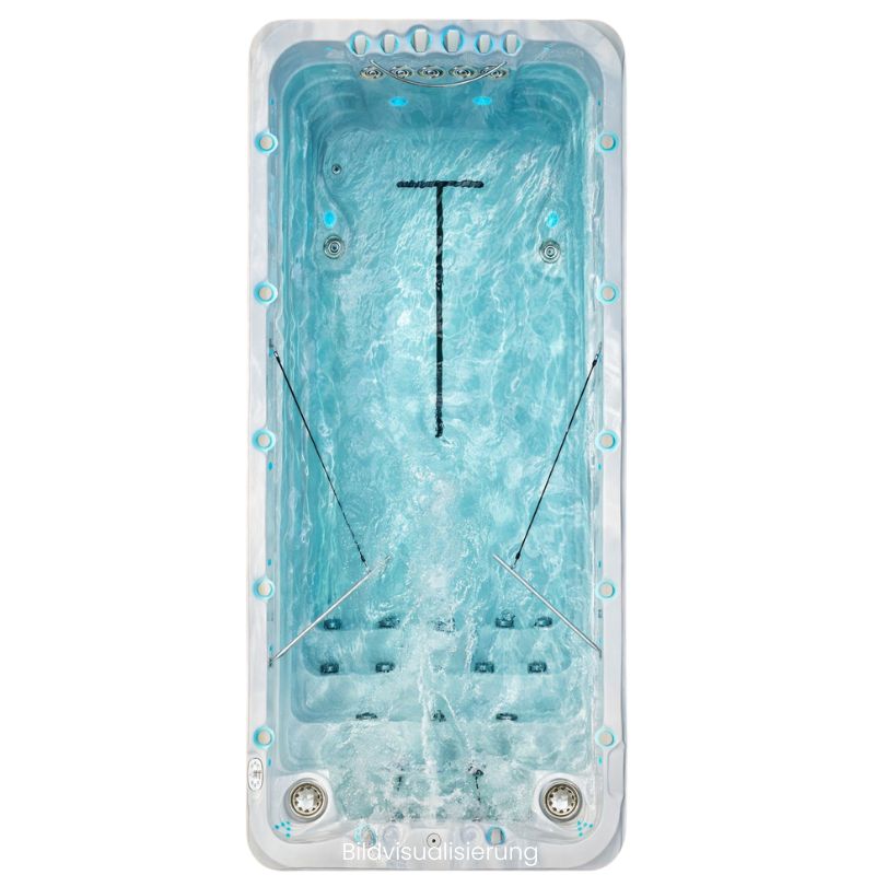 Swim Spa Draufsicht mit Wasser und aktiver Gegenstromanlage – Schwimmbereich mit Trainingslinie und Massagejets