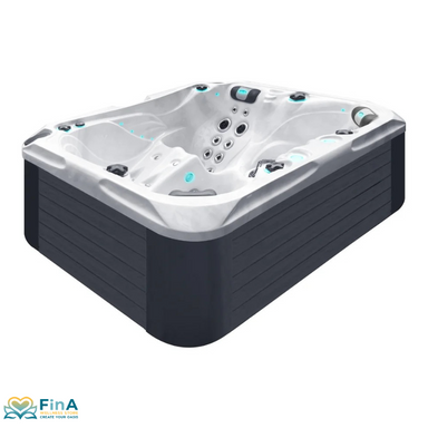Seitliche Ansicht des Passion Spas Happy Outdoor-Whirlpools mit schwarzer Verkleidung und klar geformtem Becken aus Aristech® Acryl – modernes, kompaktes Design.
