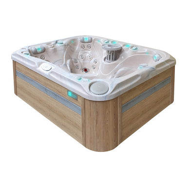 Passion Spas Happy Whirlpool mit heller Holzverkleidung, eleganter Acrylwanne und LED-Beleuchtung