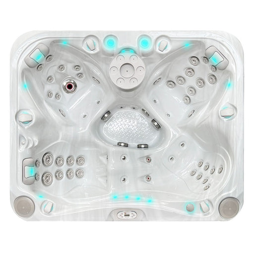 Draufsicht des Passion Spas Happy Whirlpools mit symmetrischem Sitzkonzept, Jetdüsen und Fußmassage-Zone in grauer Wanne