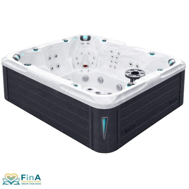  Premium Whirlpool Spa für 9 Personen in moderner Seitenansicht mit schwarzen Verkleidungspaneelen und ergonomischer Sitzanordnung – Passion Spas Harmony Signature Collection