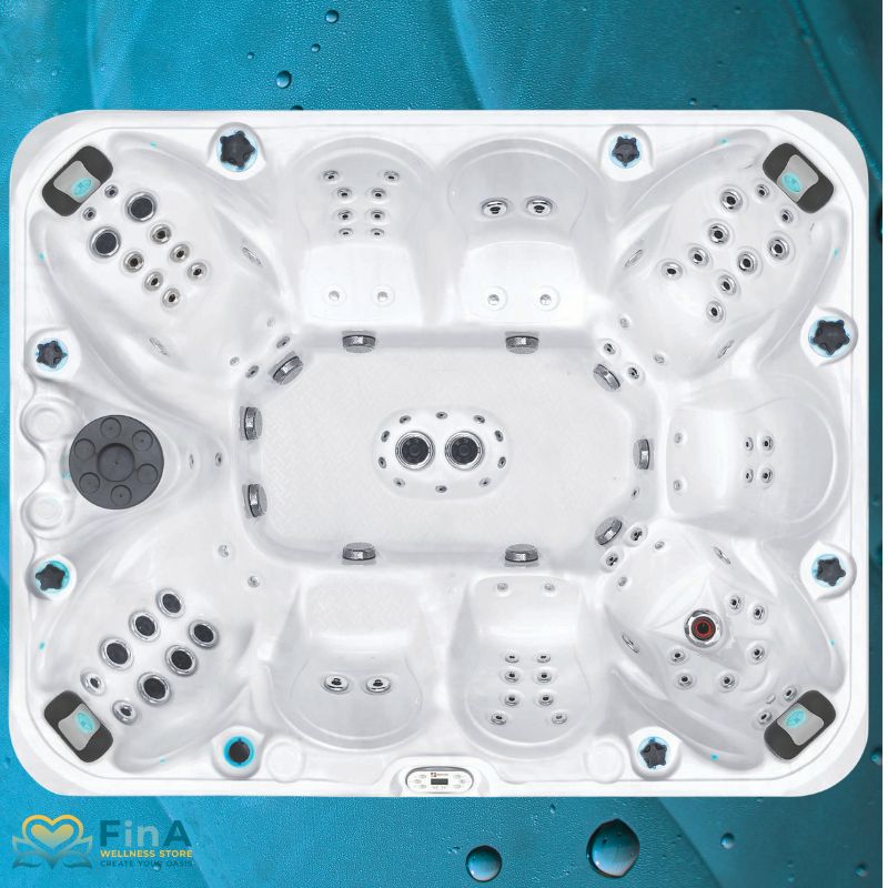  Luxuriöser Whirlpool für 9 Personen mit zentraler Fußmassage-Zone, Aqua Rolling Massage und vielfältigen Massagesitzen – Passion Spas Harmony Signature Collection von oben