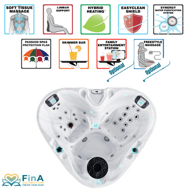  Top-Ansicht des Passion Spas Heart Whirlpools mit Symbolen für Soft Tissue Massage, Skimmer Bar, EasyClean Shield und Hybrid Heating™ – inklusive optionaler Features