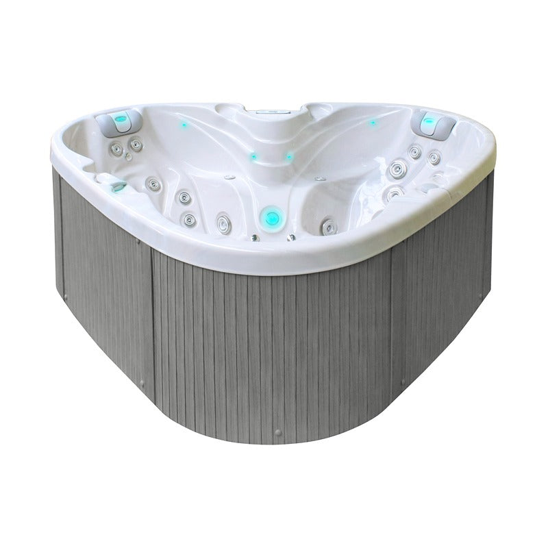 Passion Spas Heart Whirlpool mit grauer Holzverkleidung und harmonisch geformter Acrylwanne für zwei Personen